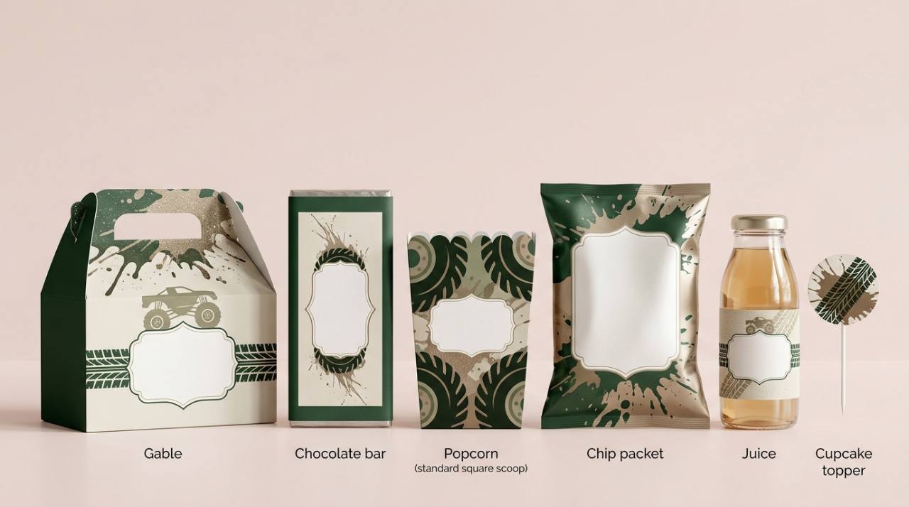 Custom jungle party favour design set with gable box, chocolate wrapper, popcorn box, chip packet, juice bottle and cupcake topper