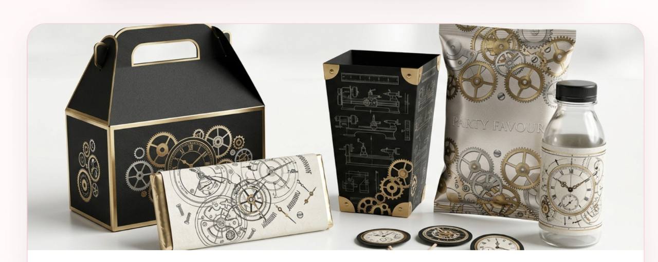 Custom steampunk party favour design set with gable box, chocolate wrapper, popcorn box, chip packet and water bottle