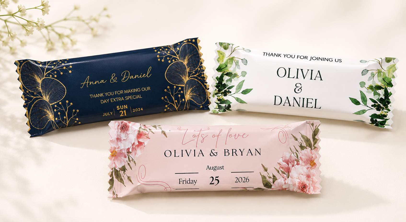Personalised chocolate wrapper examples for wedding and celebration favours